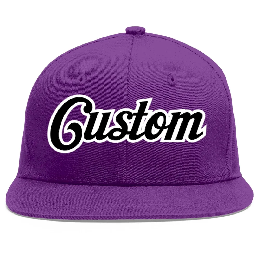 Custom Purple Black-White Flat Eaves Sport Baseball Cap