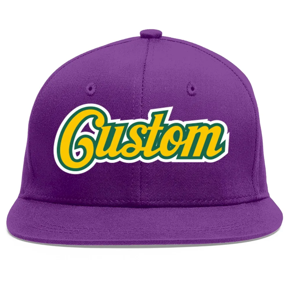 Custom Purple Gold-Kelly Green Flat Eaves Sport Baseball Cap