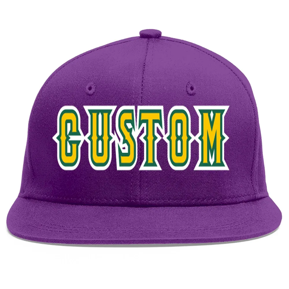 Custom Purple Gold-Kelly Green Flat Eaves Sport Baseball Cap