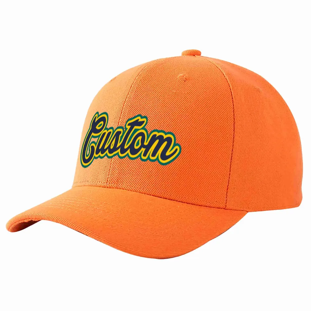 Custom Orange Navy-Gold Curved Eaves Sport Baseball Cap Design for Men/Women/Youth