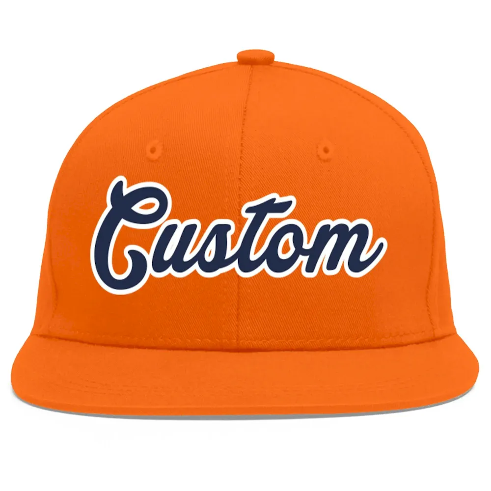 Custom Orange Navy-White Flat Eaves Sport Baseball Cap