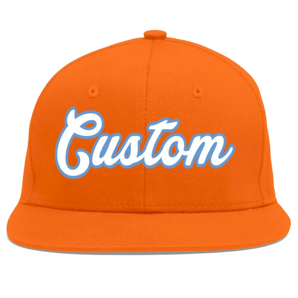 Custom Orange White-Light Blue Flat Eaves Sport Baseball Cap