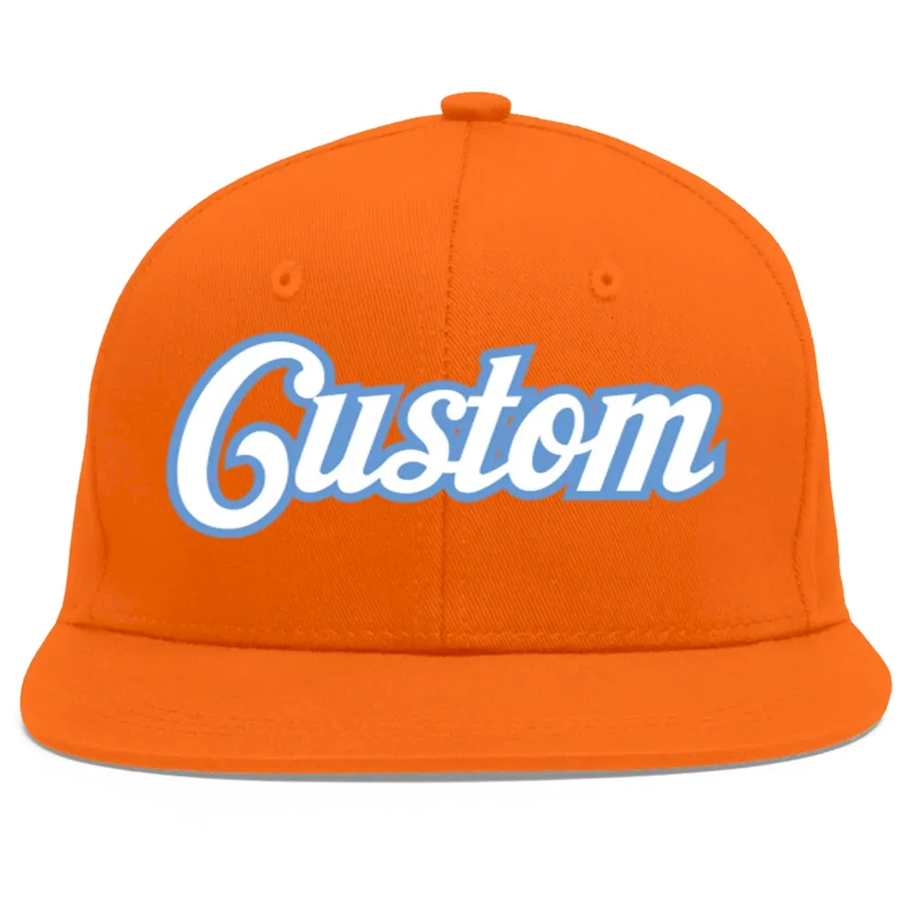Custom Orange White-Light Blue Flat Eaves Sport Baseball Cap