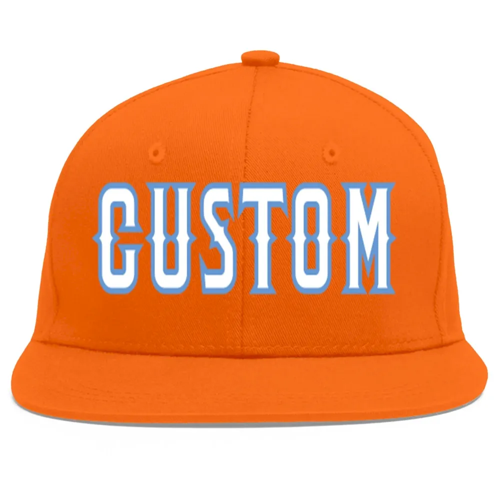 Custom Orange White-Light Blue Flat Eaves Sport Baseball Cap