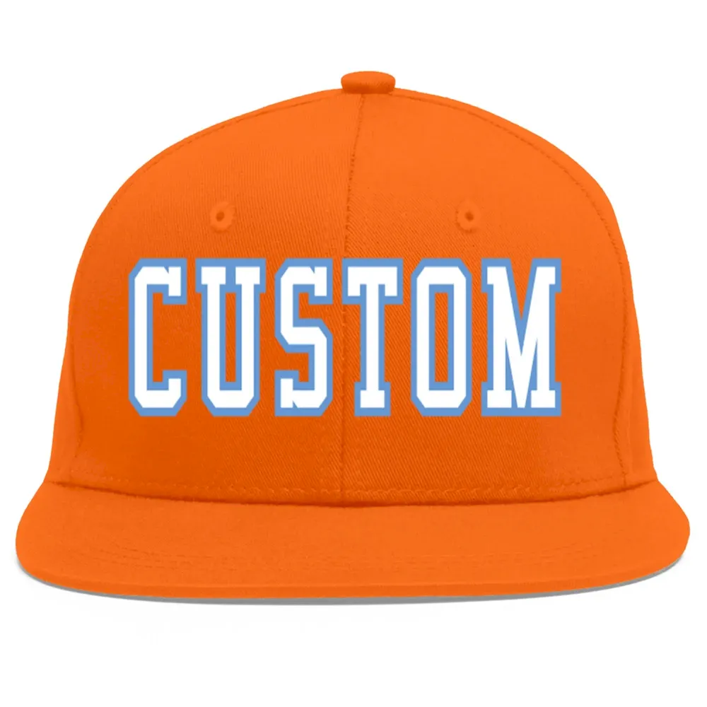 Custom Orange White-Light Blue Flat Eaves Sport Baseball Cap