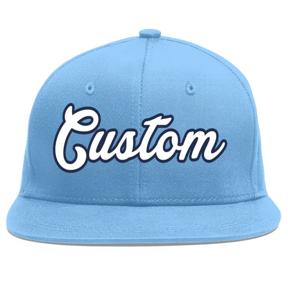 Custom Light Blue White-Navy Flat Eaves Sport Baseball Cap