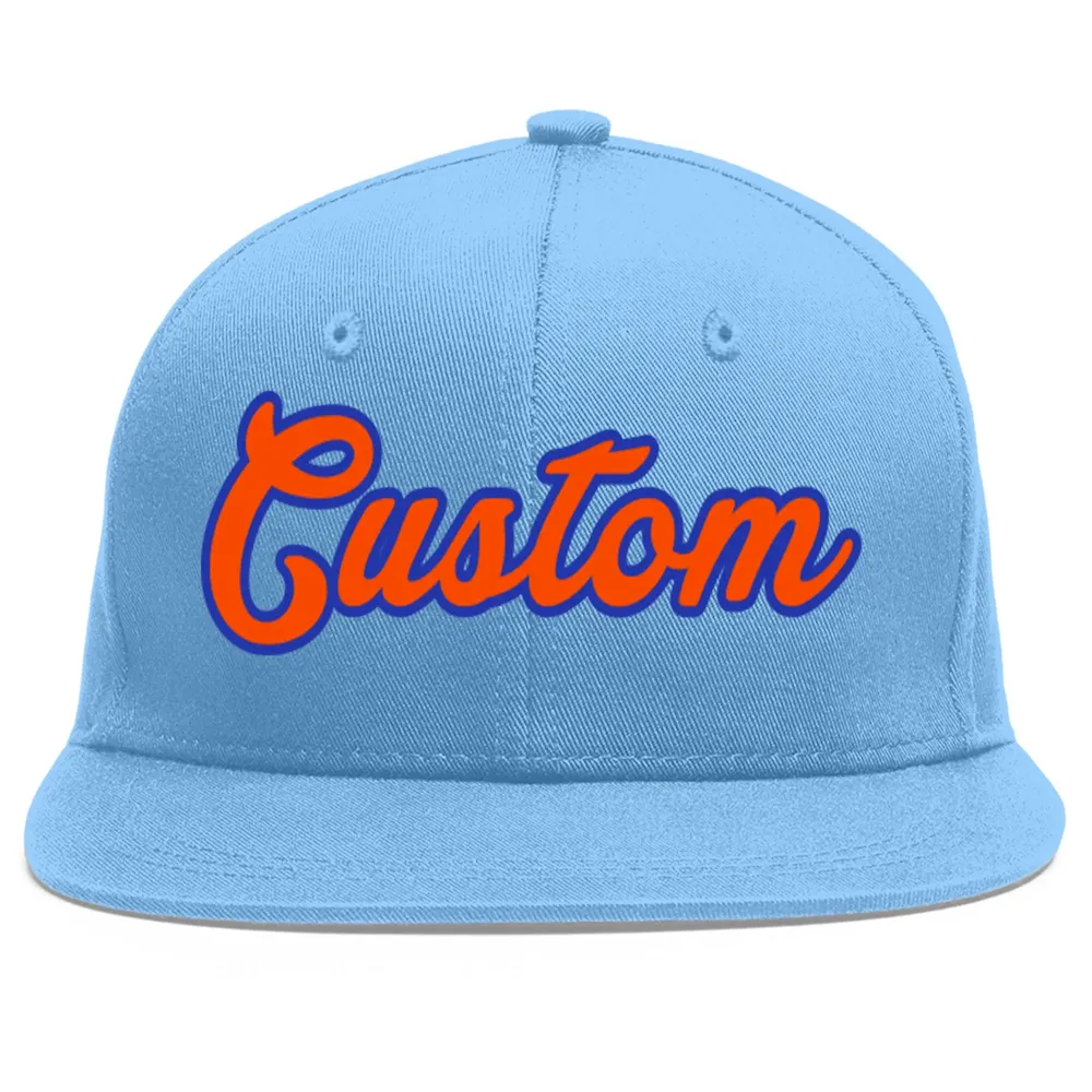 Custom Light Blue Orange-Royal Flat Eaves Sport Baseball Cap