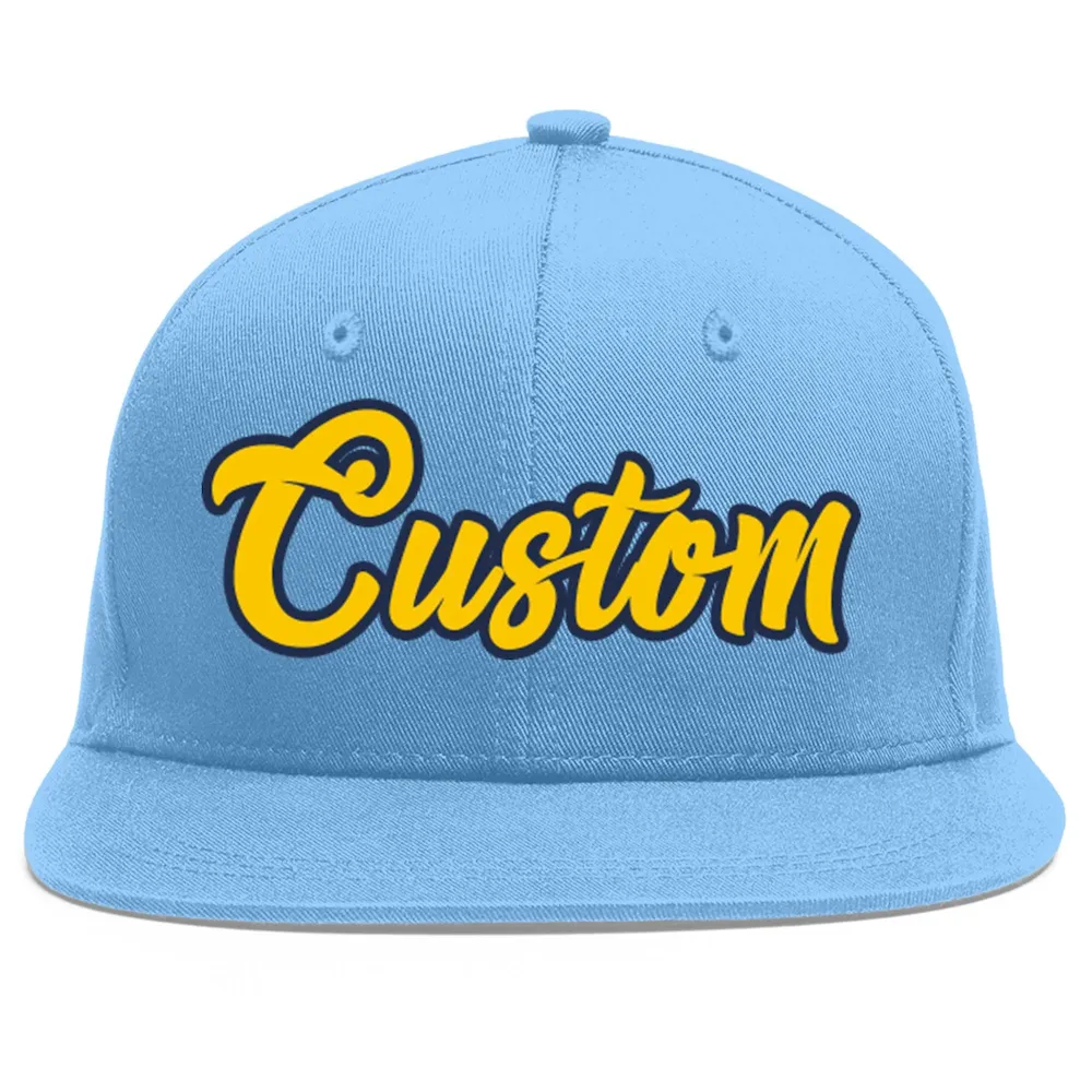 Custom Light Blue Gold-Navy Flat Eaves Sport Baseball Cap
