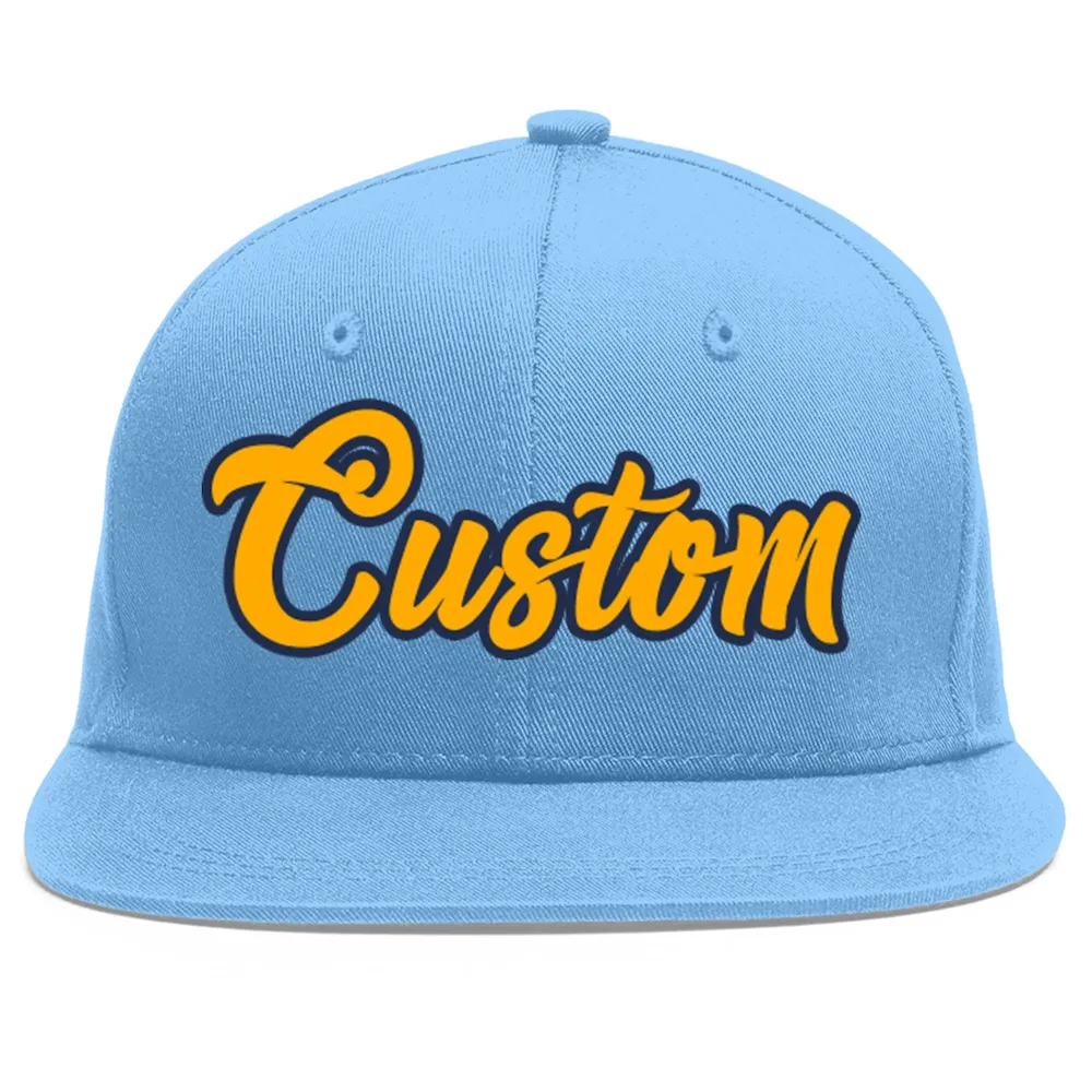 Custom Light Blue Yellow-Navy Flat Eaves Sport Baseball Cap