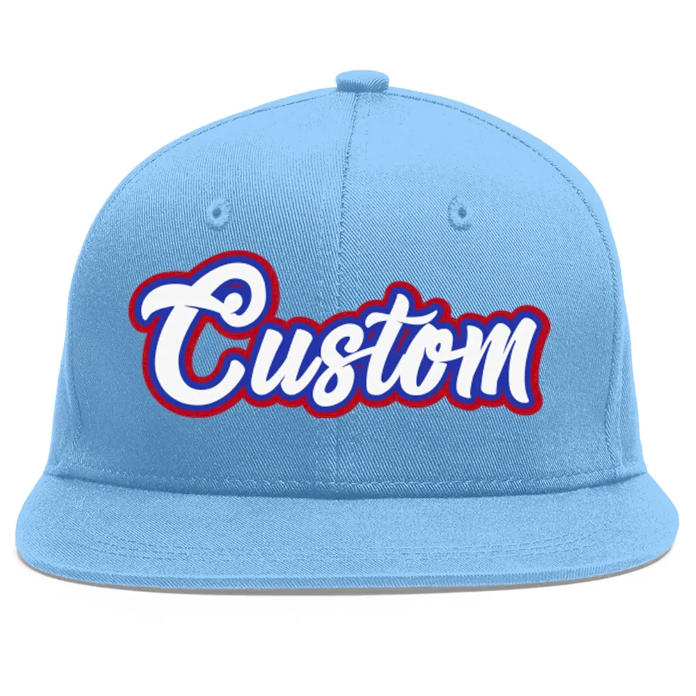Custom Light Blue White-Royal Flat Eaves Sport Baseball Cap