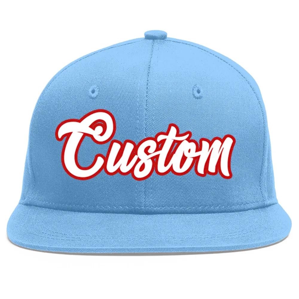 Custom Light Blue White-Red Flat Eaves Sport Baseball Cap