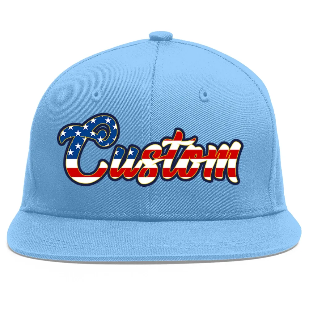 Custom Light Blue Vintage USA Flag-Gold Flat Eaves Sport Baseball Cap