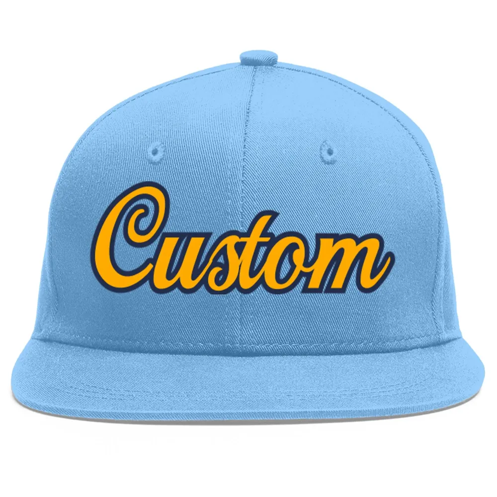 Custom Light Blue Yellow-Navy Flat Eaves Sport Baseball Cap
