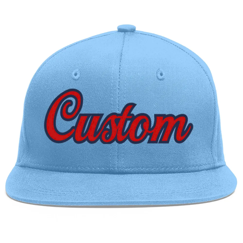 Custom Light Blue Red-Navy Flat Eaves Sport Baseball Cap