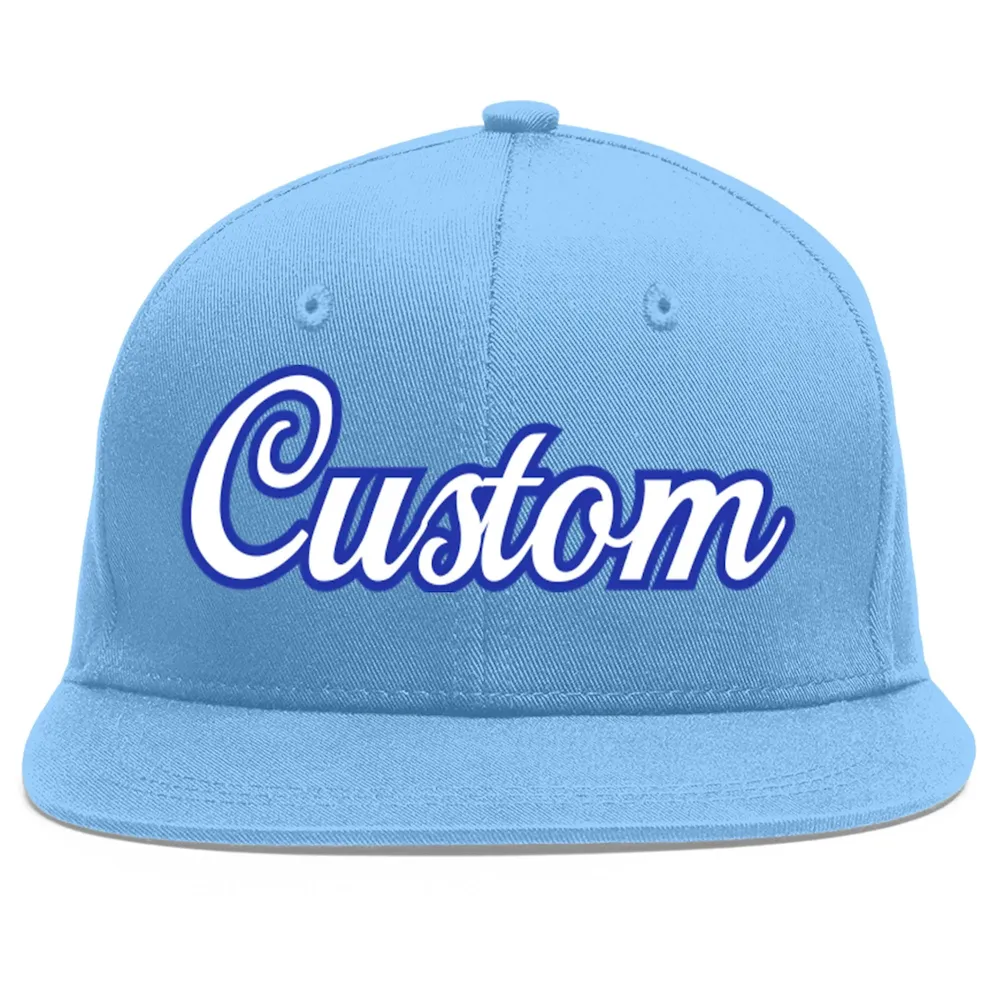 Custom Light Blue White-Royal Flat Eaves Sport Baseball Cap