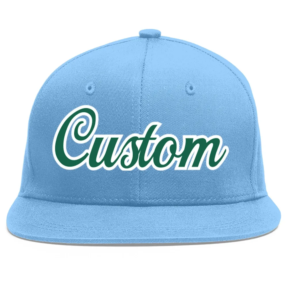 Custom Light Blue Kelly Green-White Flat Eaves Sport Baseball Cap
