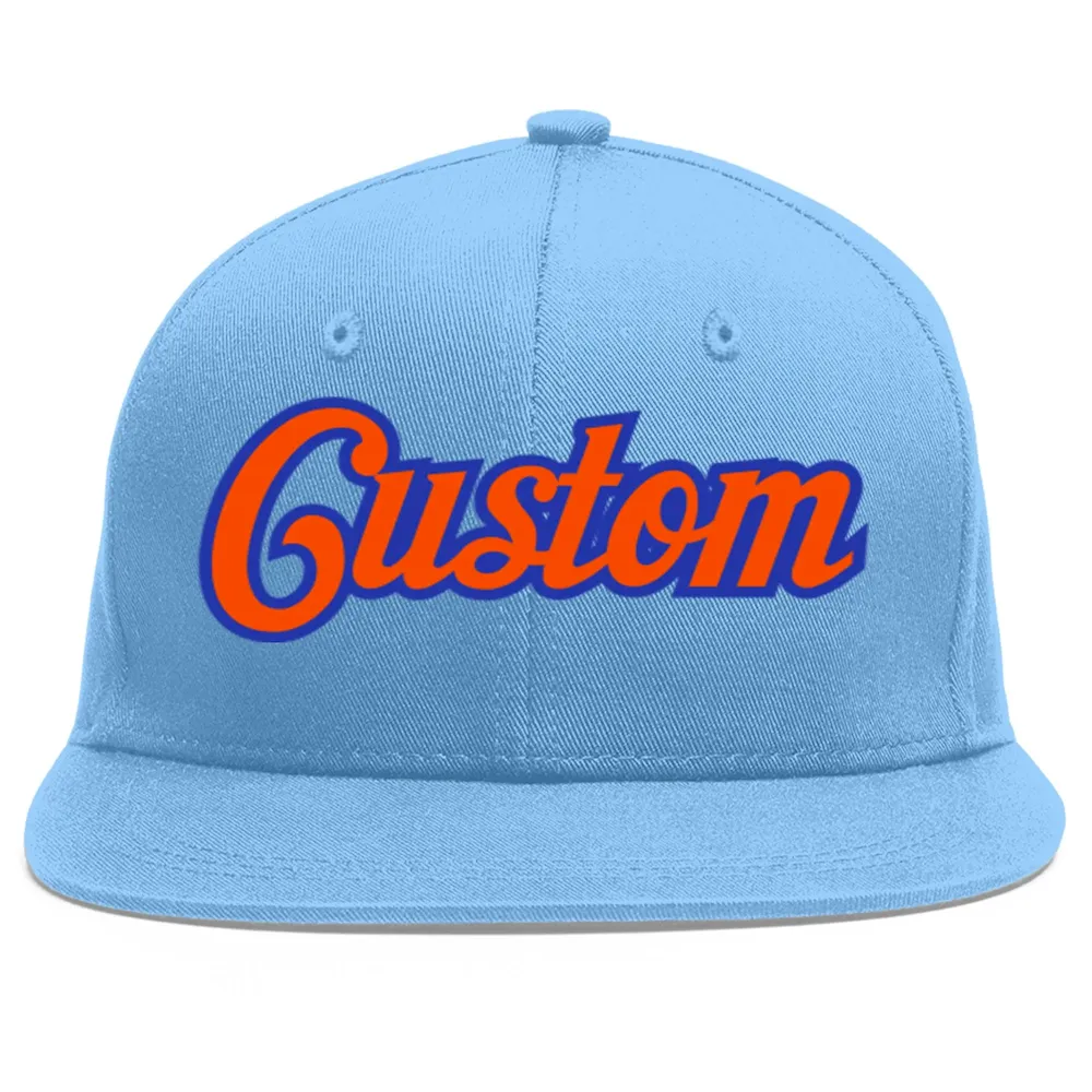 Custom Light Blue Orange-Royal Flat Eaves Sport Baseball Cap