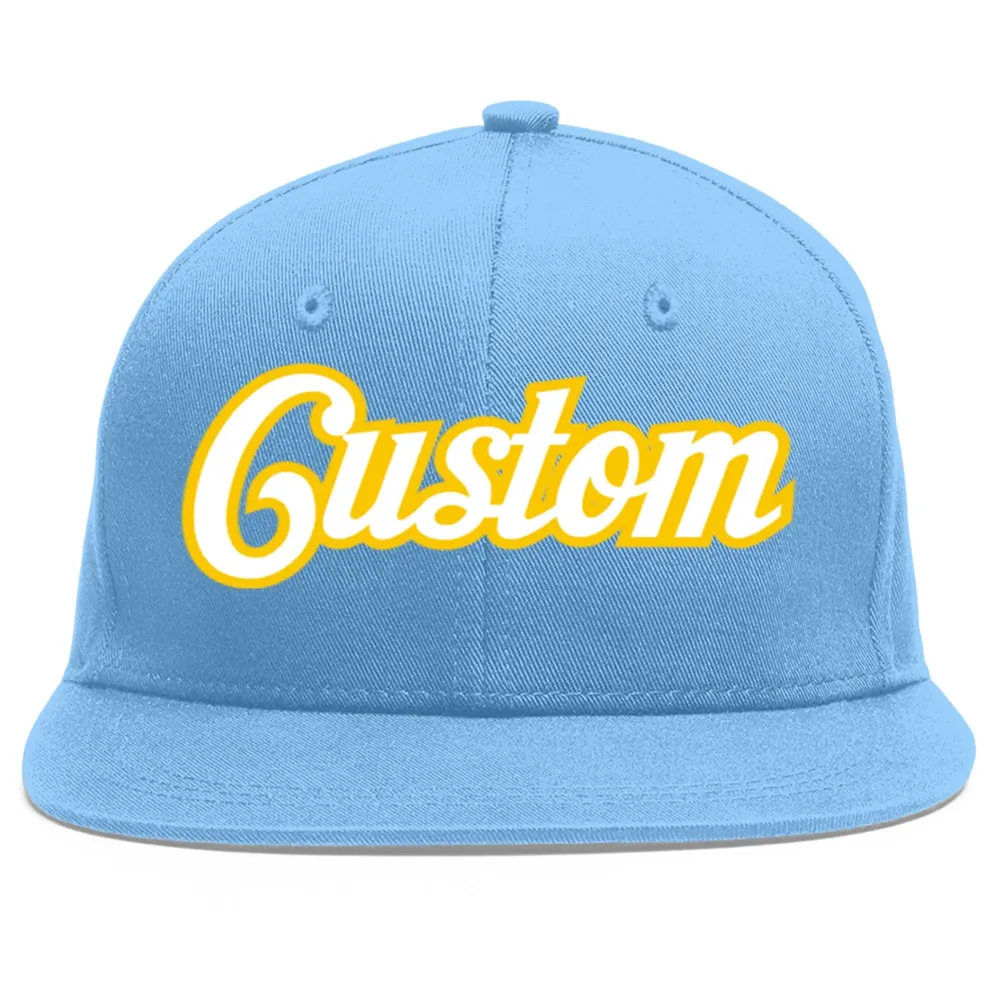 Custom Light Blue White-Gold Flat Eaves Sport Baseball Cap