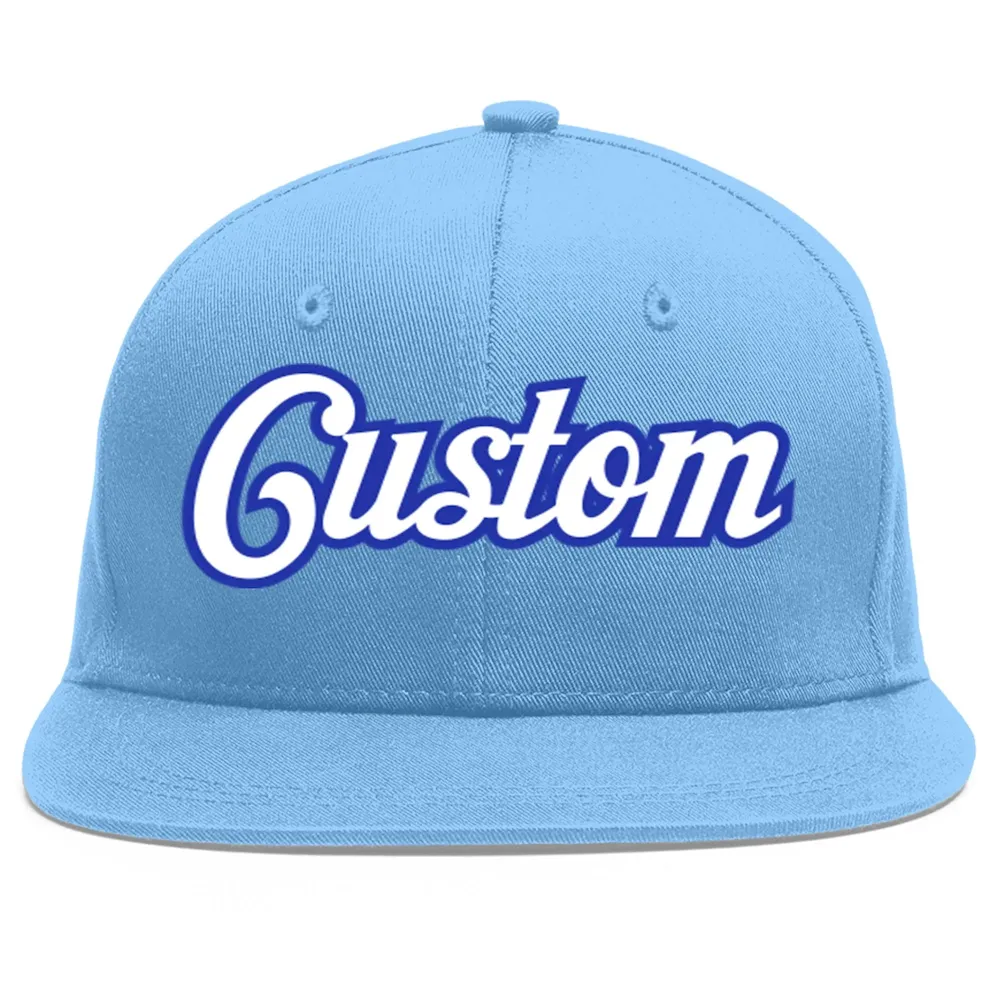 Custom Light Blue White-Royal Flat Eaves Sport Baseball Cap