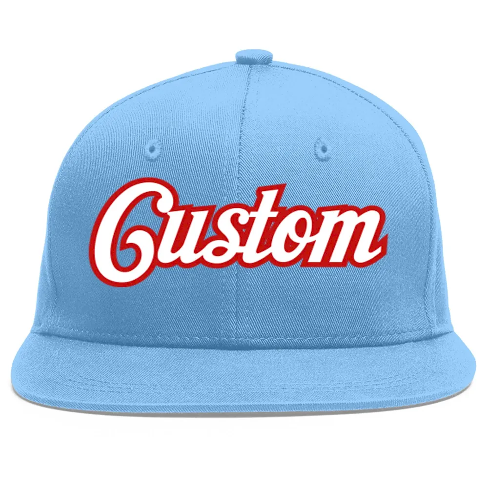 Custom Light Blue White-Red Flat Eaves Sport Baseball Cap