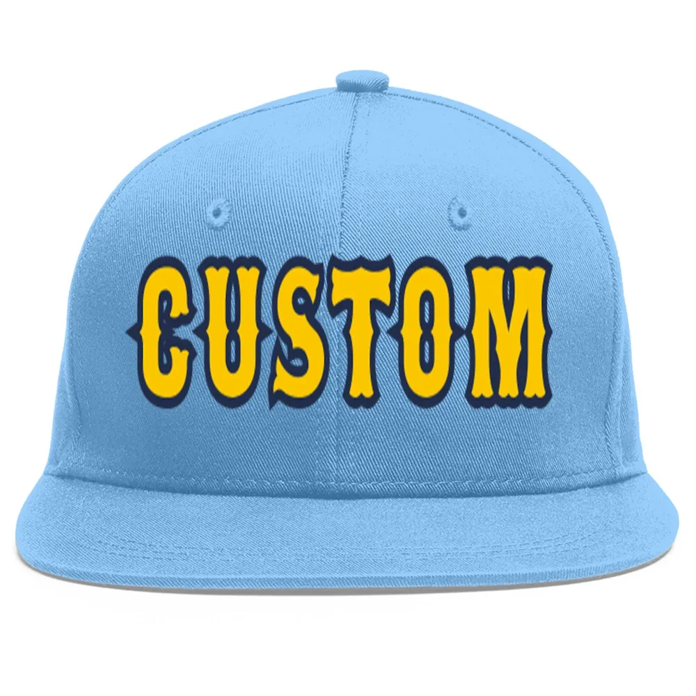 Custom Light Blue Gold-Navy Flat Eaves Sport Baseball Cap