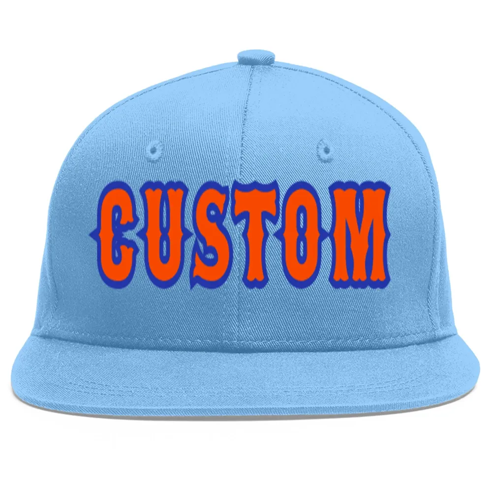 Custom Light Blue Orange-Royal Flat Eaves Sport Baseball Cap