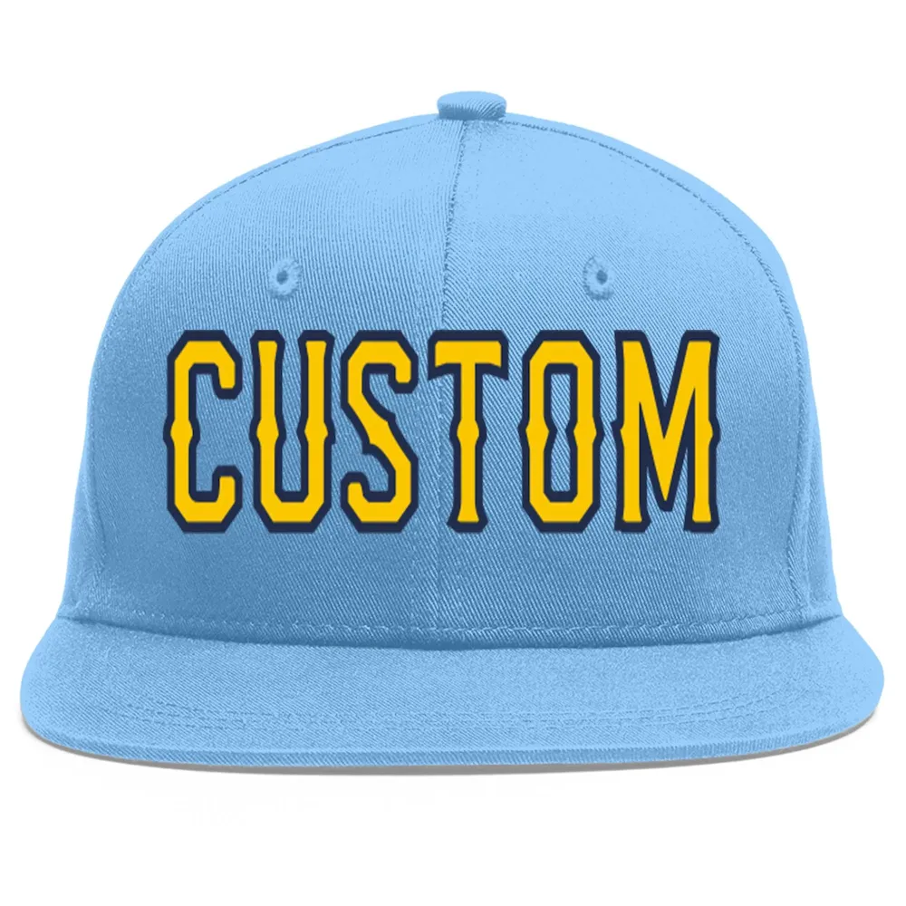 Custom Light Blue Gold-Navy Flat Eaves Sport Baseball Cap