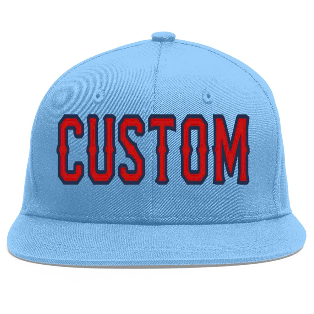 Custom Light Blue Red-Navy Flat Eaves Sport Baseball Cap