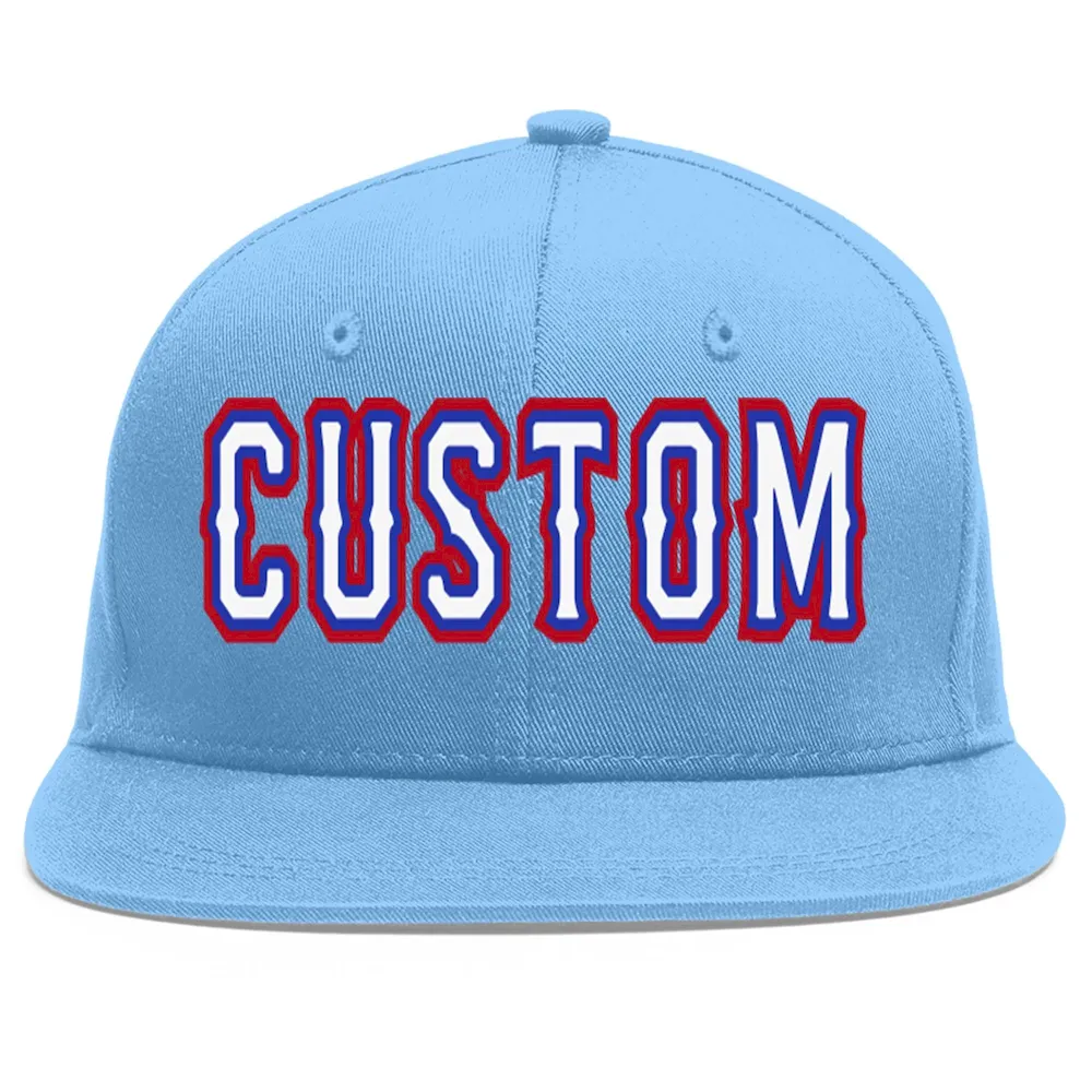 Custom Light Blue White-Royal Flat Eaves Sport Baseball Cap