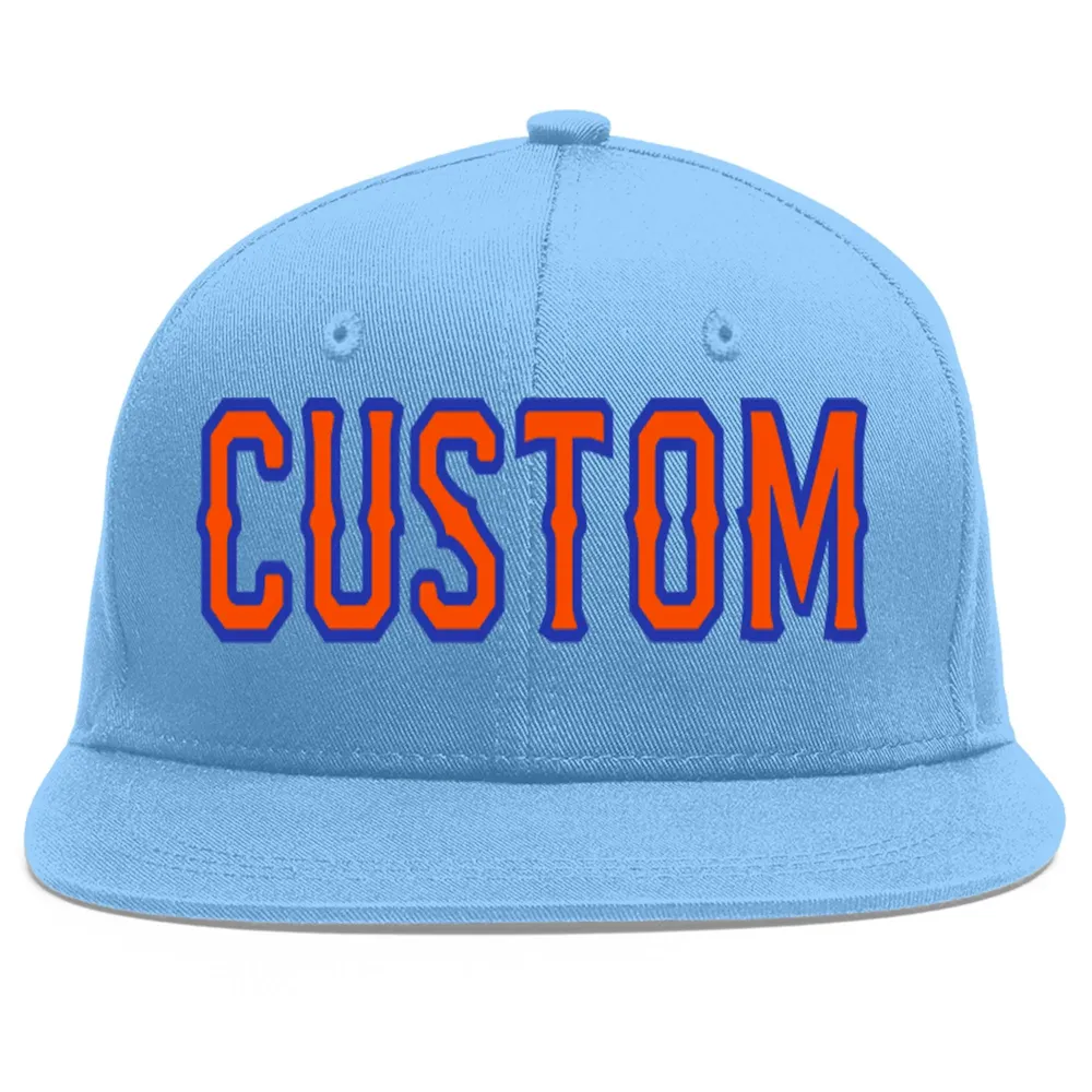 Custom Light Blue Orange-Royal Flat Eaves Sport Baseball Cap