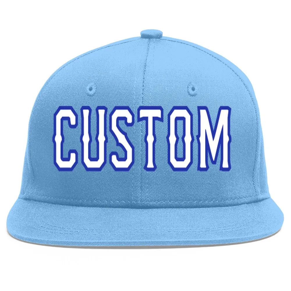 Custom Light Blue White-Royal Flat Eaves Sport Baseball Cap