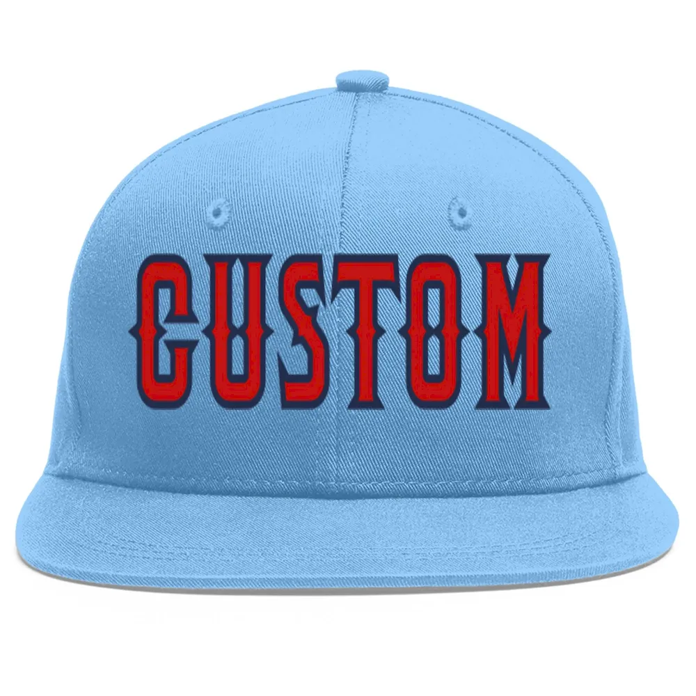 Custom Light Blue Red-Navy Flat Eaves Sport Baseball Cap