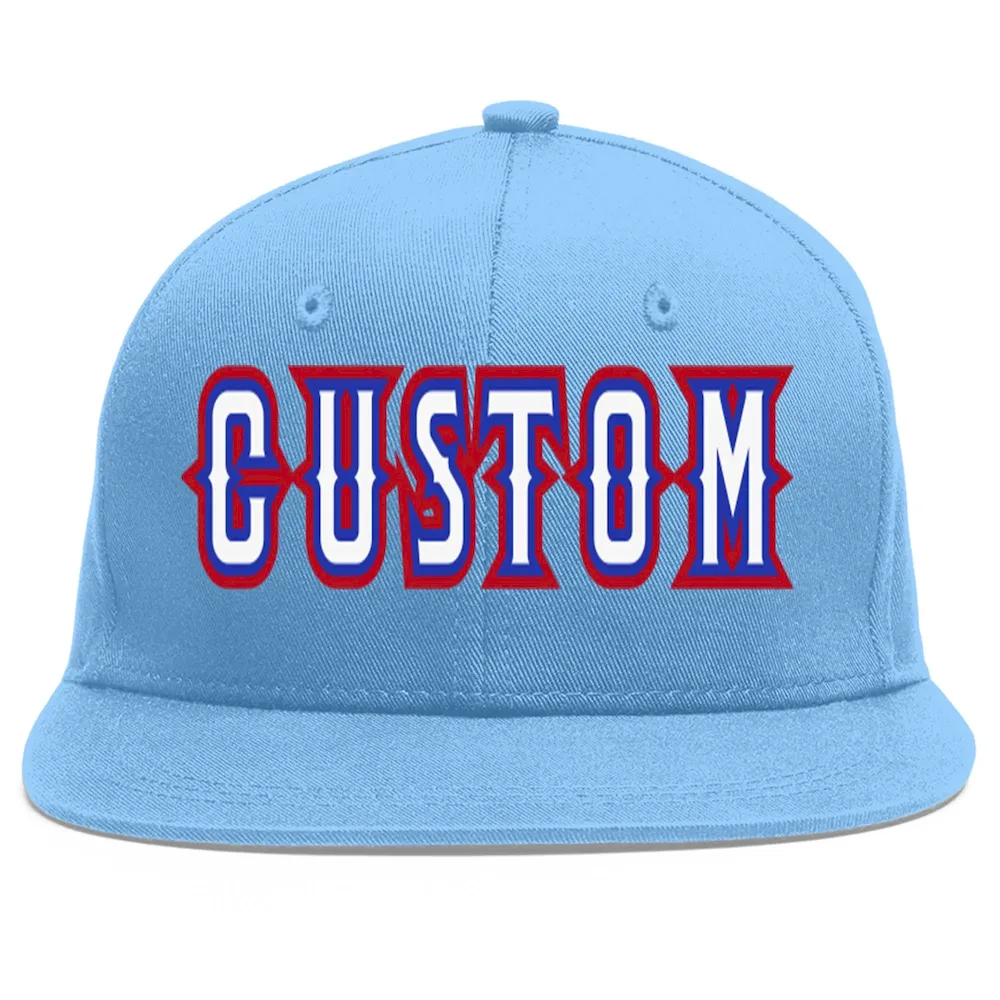 Custom Light Blue White-Royal Flat Eaves Sport Baseball Cap