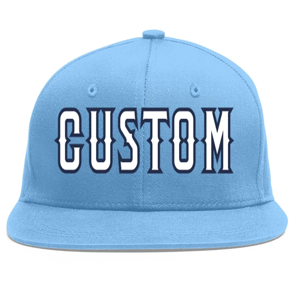 Custom Light Blue White-Navy Flat Eaves Sport Baseball Cap