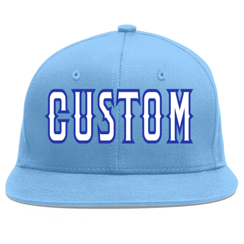 Custom Light Blue White-Royal Flat Eaves Sport Baseball Cap