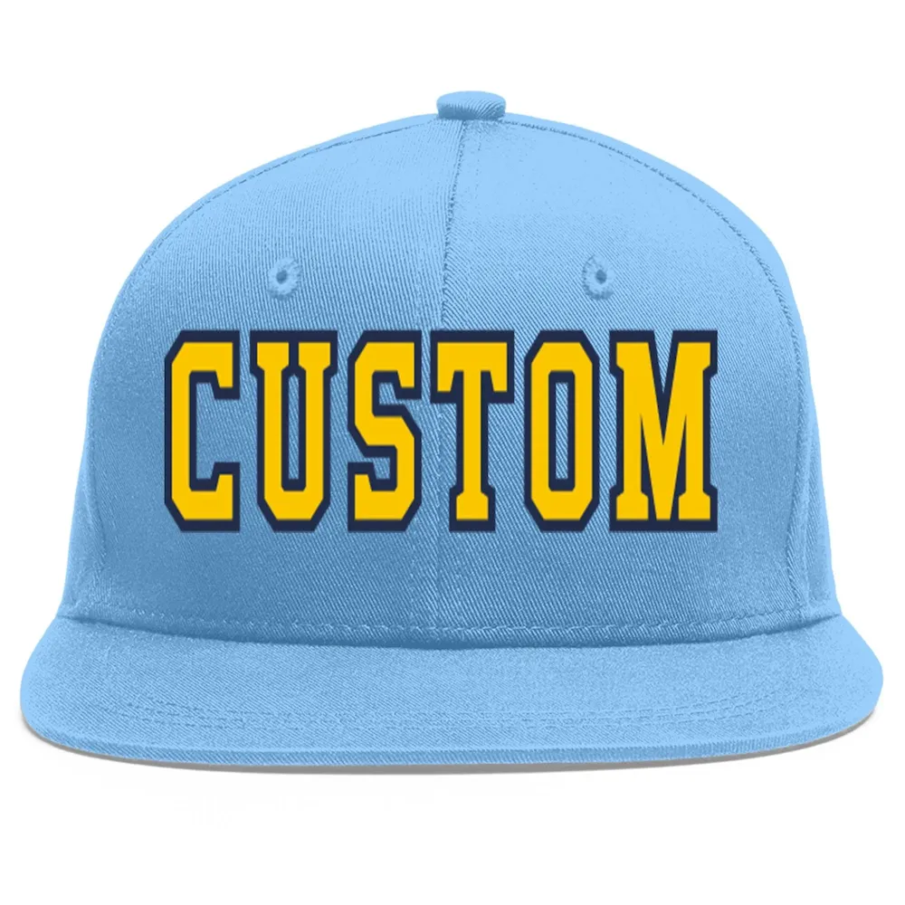 Custom Light Blue Gold-Navy Flat Eaves Sport Baseball Cap