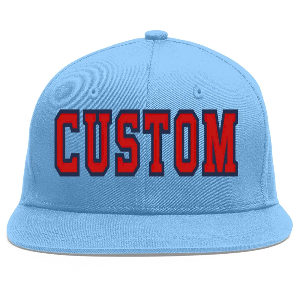 Custom Light Blue Red-Navy Flat Eaves Sport Baseball Cap