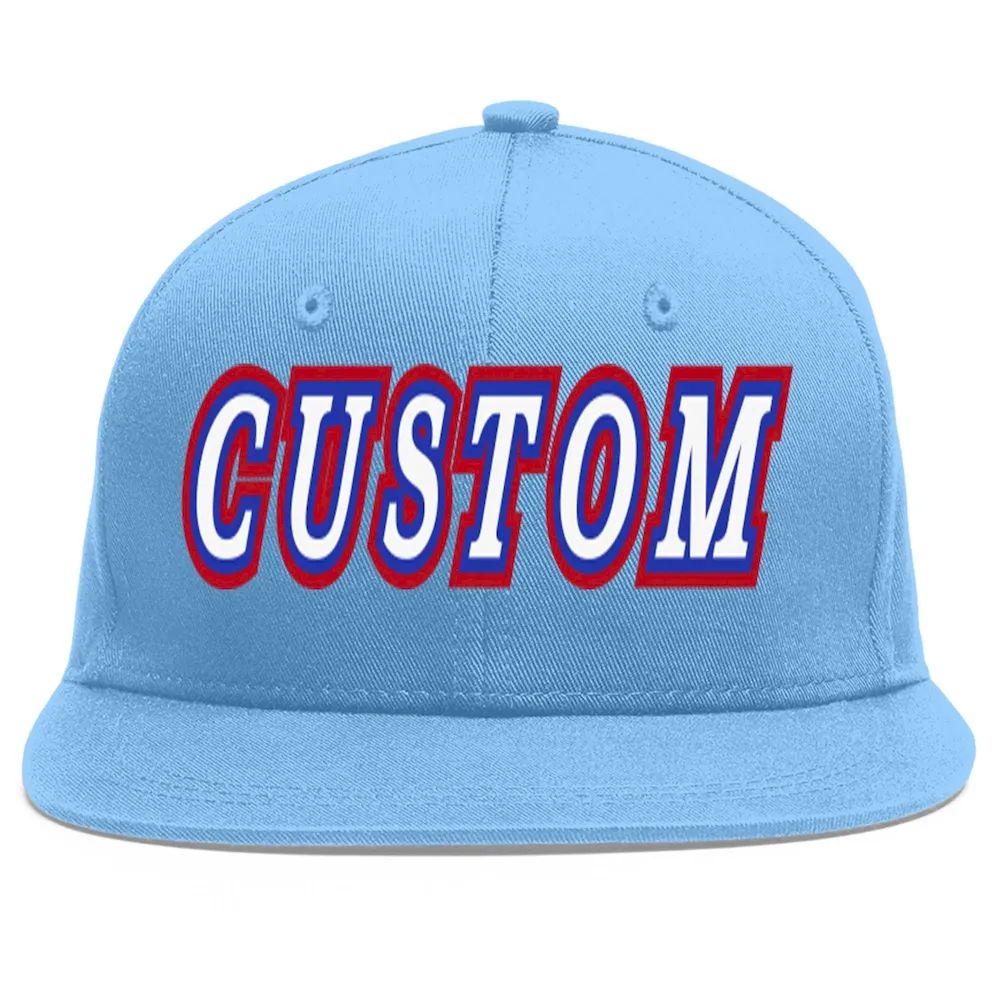 Custom Light Blue White-Royal Flat Eaves Sport Baseball Cap