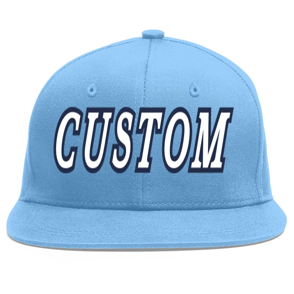 Custom Light Blue White-Navy Flat Eaves Sport Baseball Cap