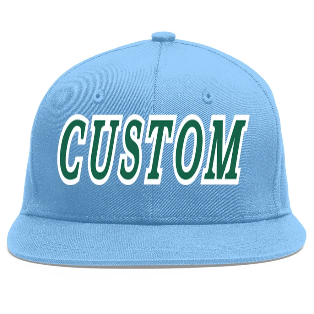 Custom Light Blue Kelly Green-White Flat Eaves Sport Baseball Cap
