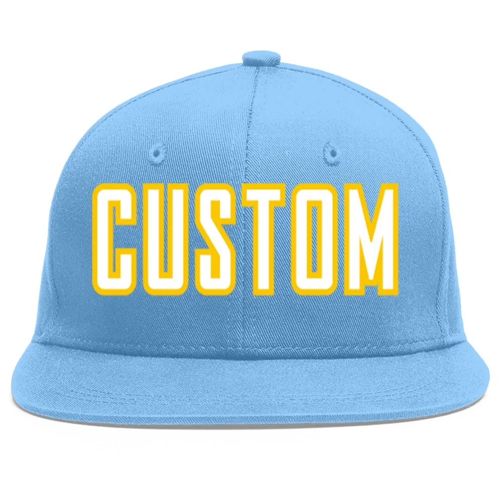 Custom Light Blue White-Gold Flat Eaves Sport Baseball Cap