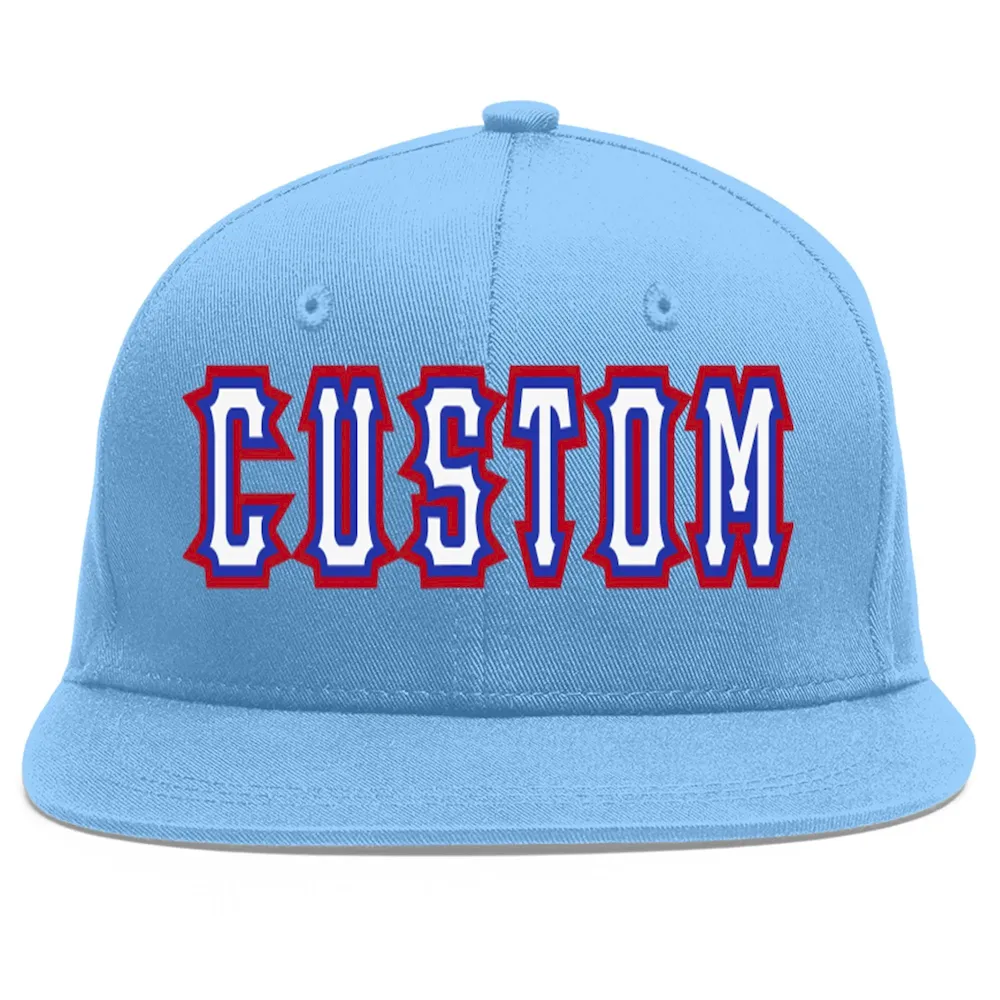 Custom Light Blue White-Royal Flat Eaves Sport Baseball Cap