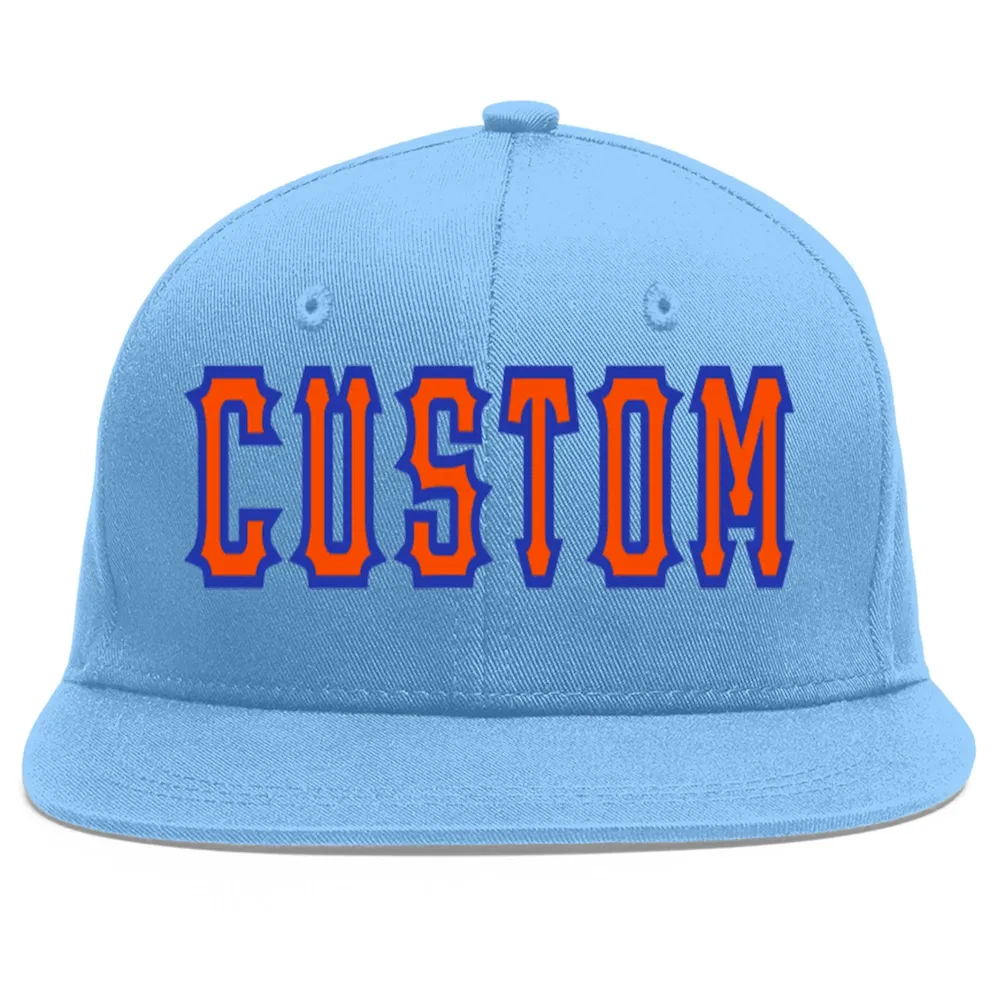 Custom Light Blue Orange-Royal Flat Eaves Sport Baseball Cap