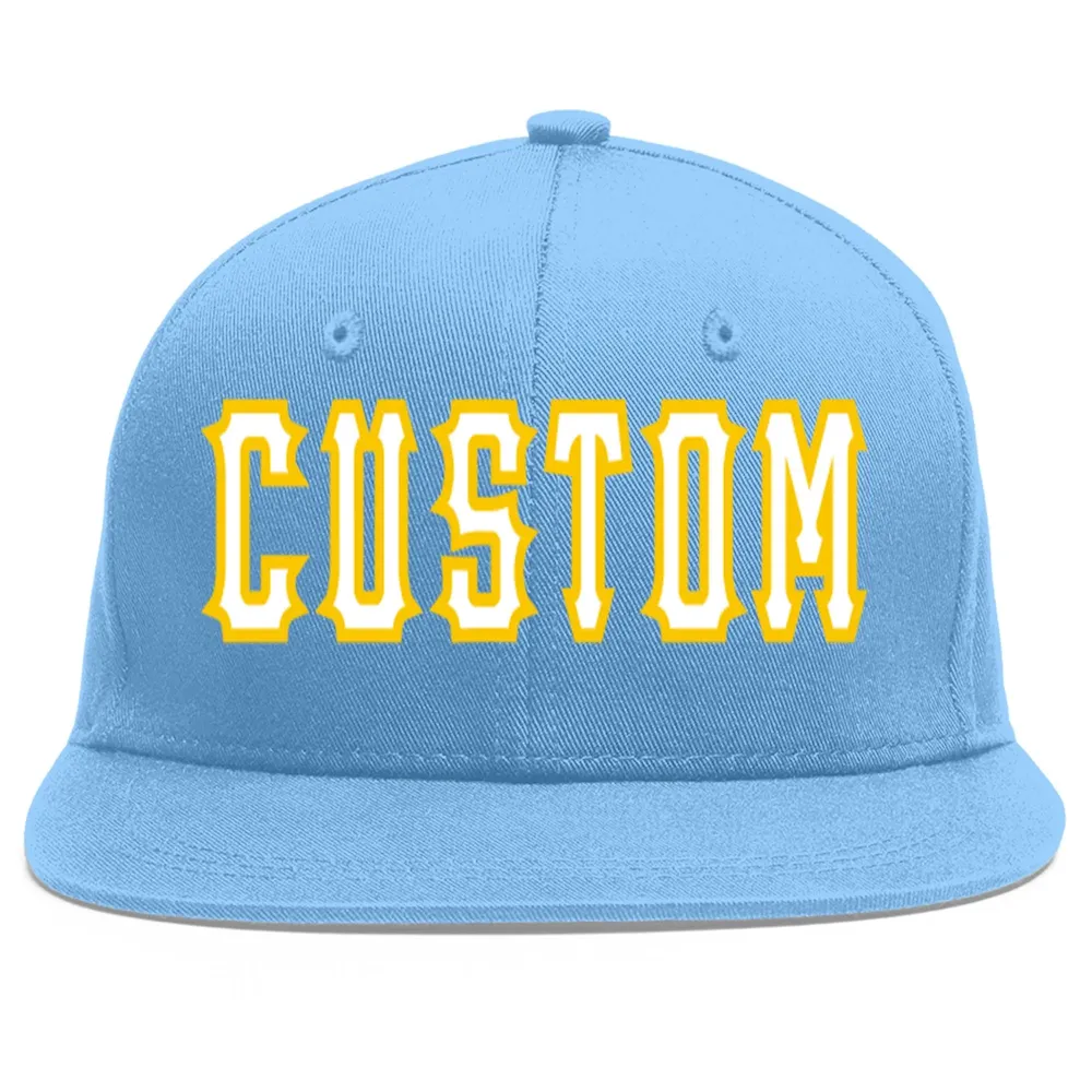 Custom Light Blue White-Gold Flat Eaves Sport Baseball Cap
