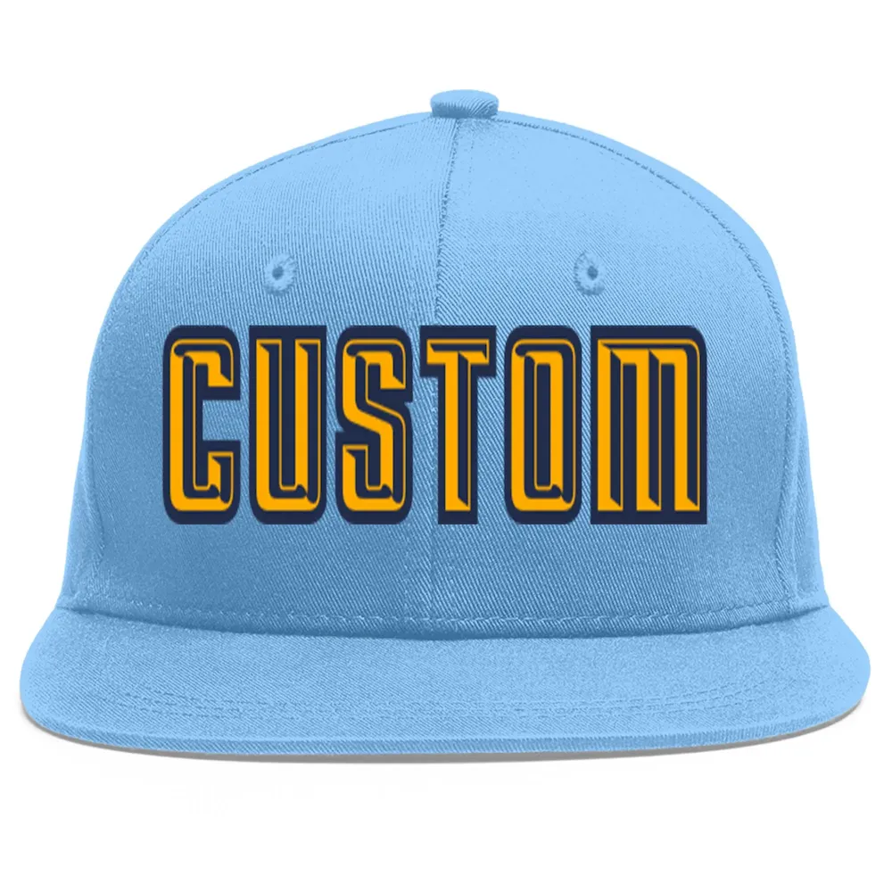 Custom Light Blue Yellow-Navy Flat Eaves Sport Baseball Cap