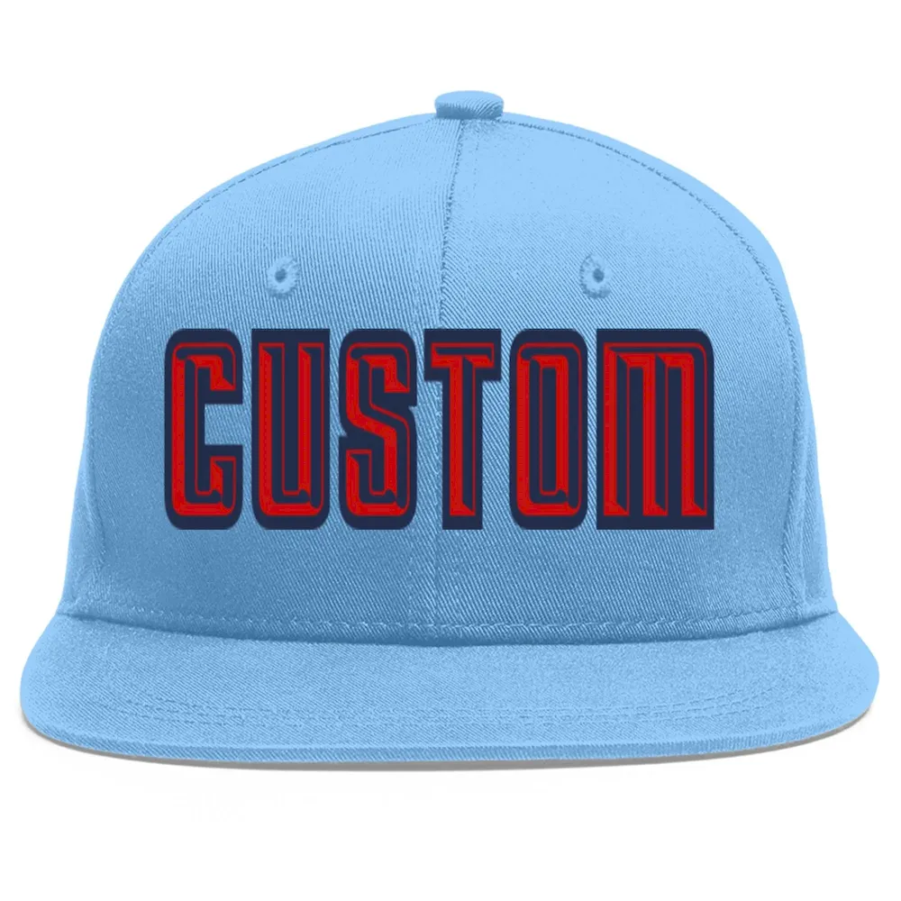 Custom Light Blue Red-Navy Flat Eaves Sport Baseball Cap