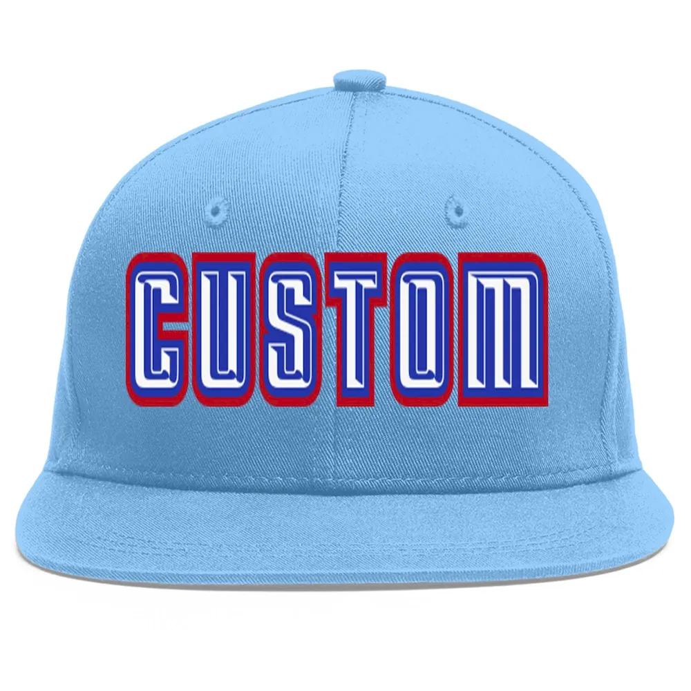 Custom Light Blue White-Royal Flat Eaves Sport Baseball Cap