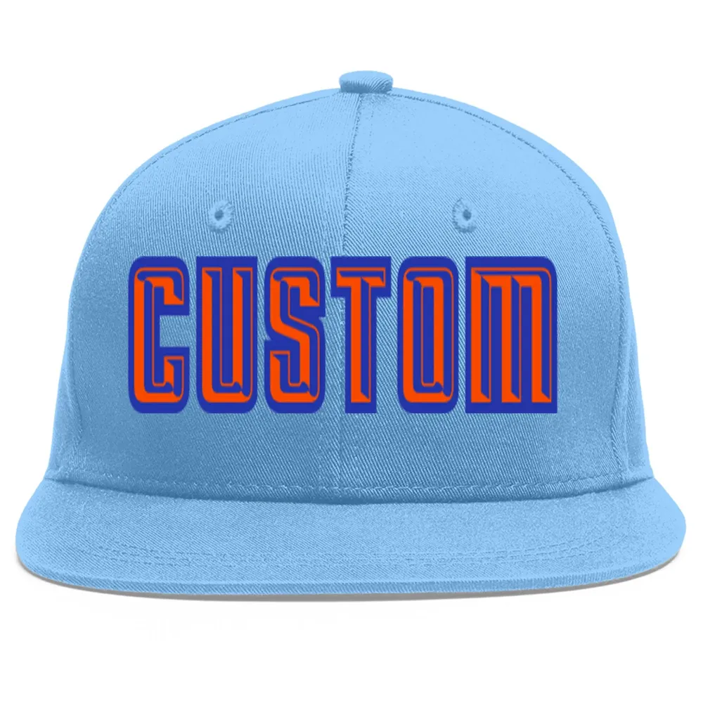 Custom Light Blue Orange-Royal Flat Eaves Sport Baseball Cap