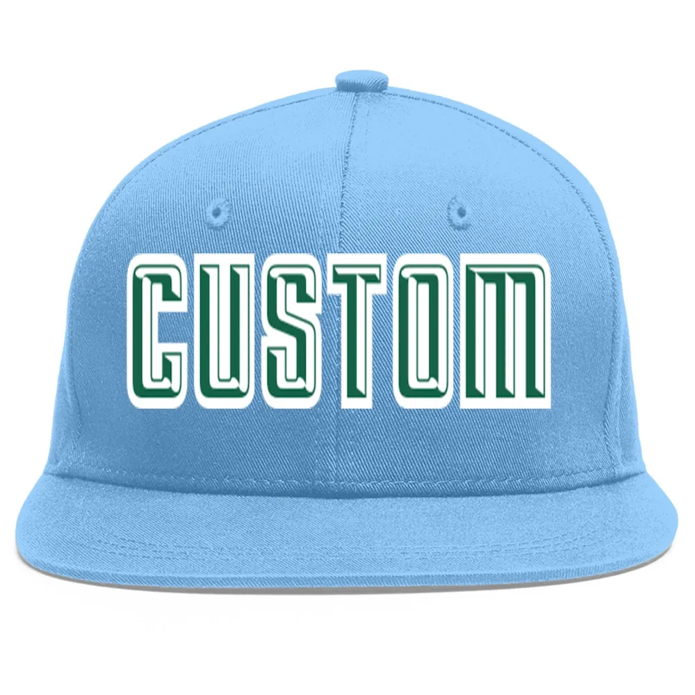 Custom Light Blue Kelly Green-White Flat Eaves Sport Baseball Cap