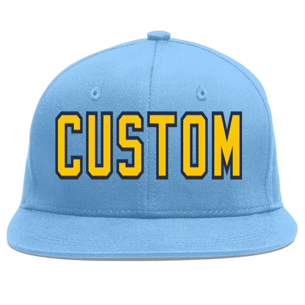 Custom Light Blue Gold-Navy Flat Eaves Sport Baseball Cap